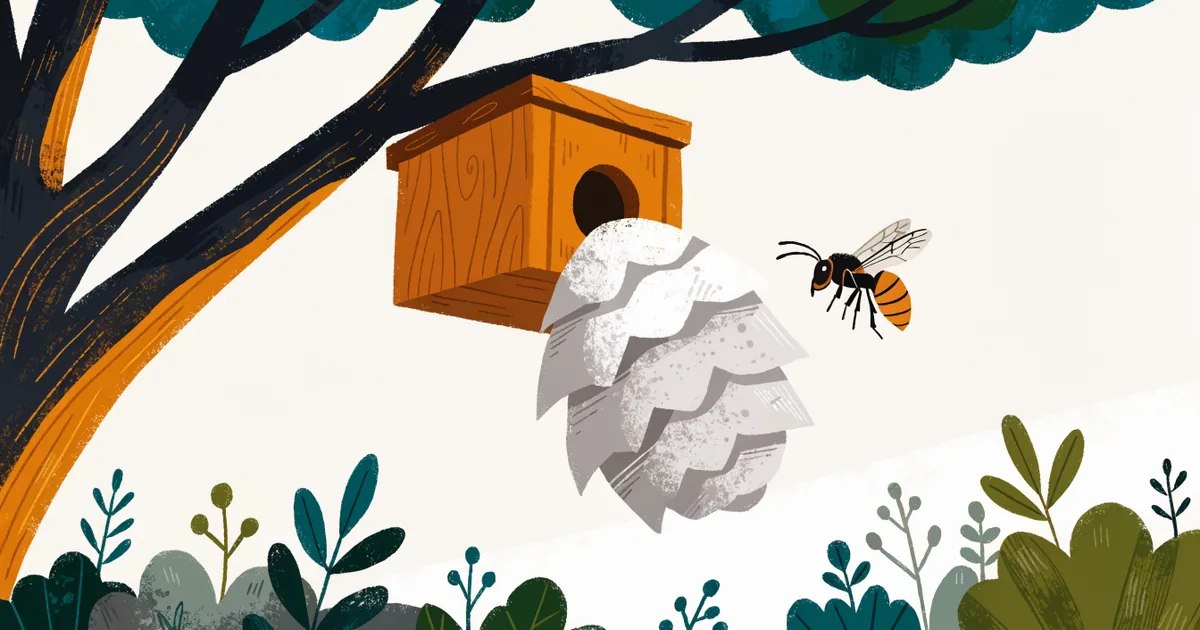 Hornissennest in einem Vogelkasten an einem Gartenbaum, eine Hornisse im Anflug