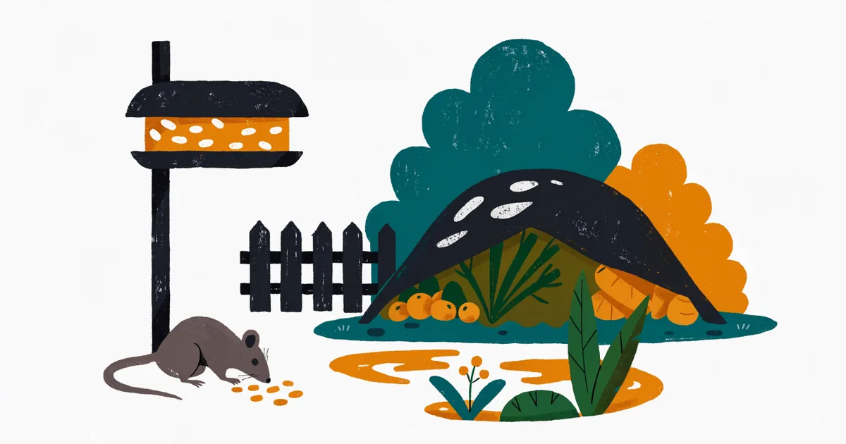Garten mit Vogelfutterhaus, Teich und Komposter, eine Ratte unter dem Futterhaus