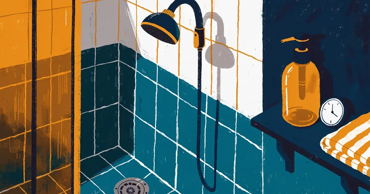 Badezimmer bei Nacht, ein Silberfischchen am Abfluss, ein Hygrometer auf dem Regal