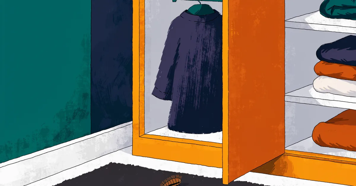 Kleiderschrank mit Wollmantel, eine kleine Käferlarve an der Teppichkante